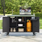 55.5 Outdoor Kitchen Island with Sink, Stainless Steel Prep Table with Spice Rack & Lockable Wheels, BBQ Grill Cart Station, Black - ModernLuxe