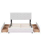 Upholstered Platform Bed with Classic Headboard and 4 Drawers No Box Spring Needed Linen Fabric Queen Size Beige