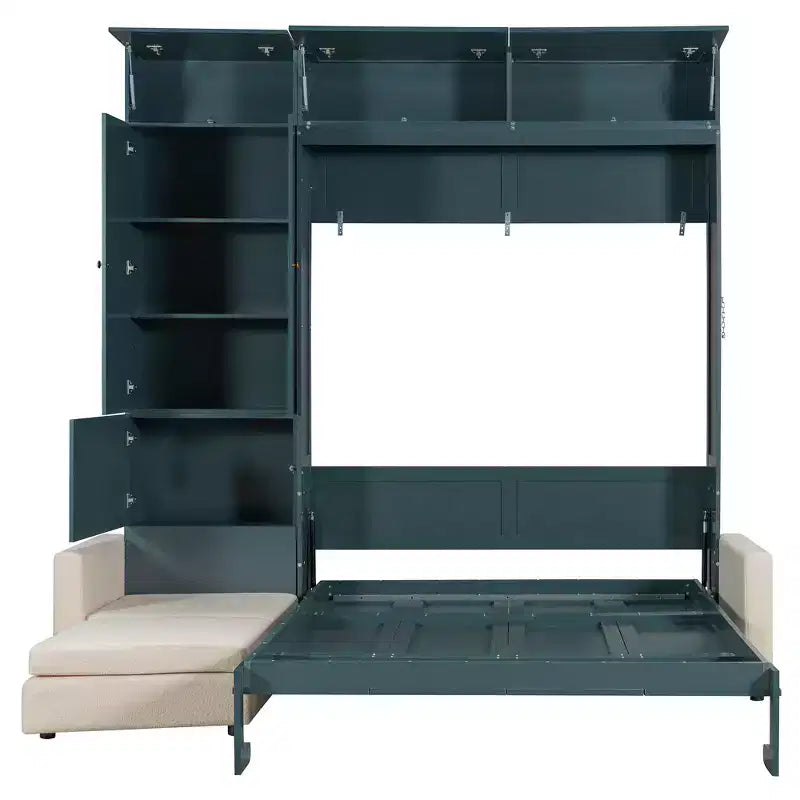 Queen Size Murphy Bed with Sofa and Cabinet, Wooden Queen Cabinet Bed Wall Bed with Shelves, Folding Wall Chest Bed for Guest Room Office