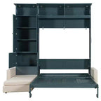 Queen Size Murphy Bed with Sofa and Cabinet, Wooden Queen Cabinet Bed Wall Bed with Shelves, Folding Wall Chest Bed for Guest Room Office