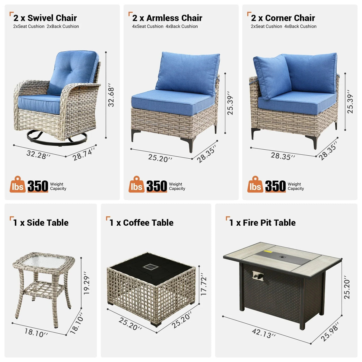 OVIOS 9 Pieces Outdoor Wicker Swivel Chair Set With Fire Table