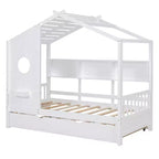 Twin Size House Bed with Trundle and Storage Shelf for Kids, White