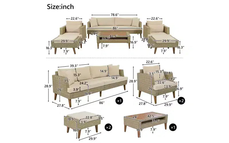 Whisen 6-Pieces All Weather PE Wicker Sofa Set, Outdoor Rattan sofa With Double Cushions