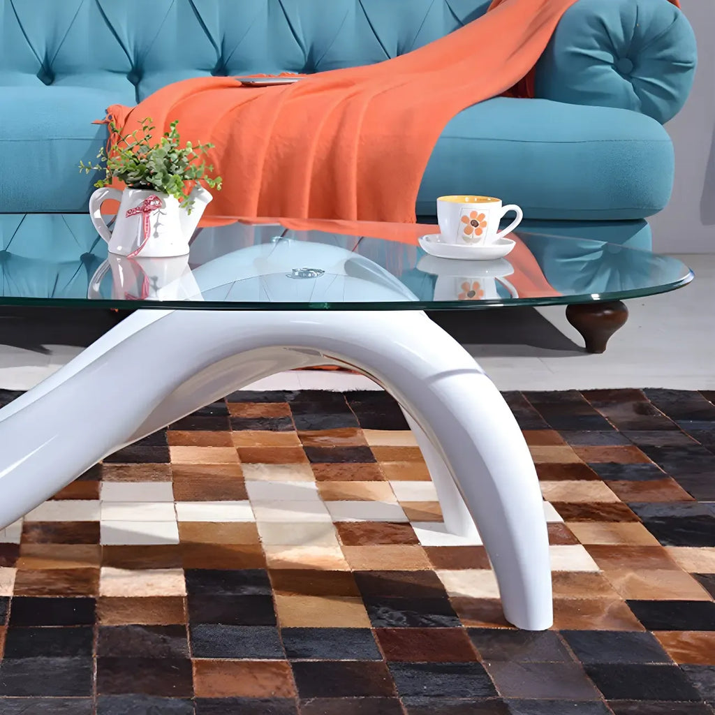 Abstract Modern Oval Glass Top Metal Base Coffee Table