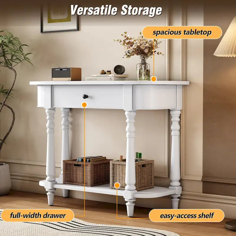 Retro Narrow Console Table with Curved Corner, Top Drawer & Open Shelf