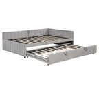 Upholstered Daybed with Twin Size Pop Up Trundle, Full Size Daybed Frame Sofa Bed with L-Shaped Backrest and Striped Design