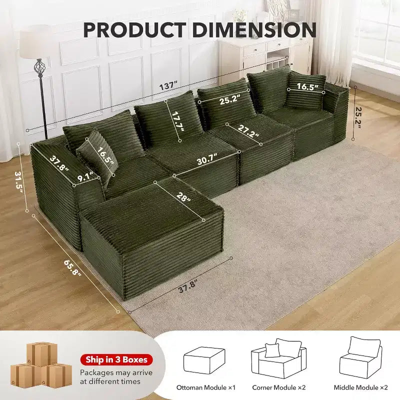 107/ 137 Modular Sectional Cloud Couch,Deep Seat Boneless Couch,Convertible Comfy Floor Sofas with Ottomans and Memory Foam
