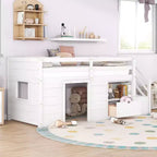 94.6L x 42.3W Solid Wood Twin Size Low Loft Bed With Stair, Drawer And Shelf, Modern & Clean Design
