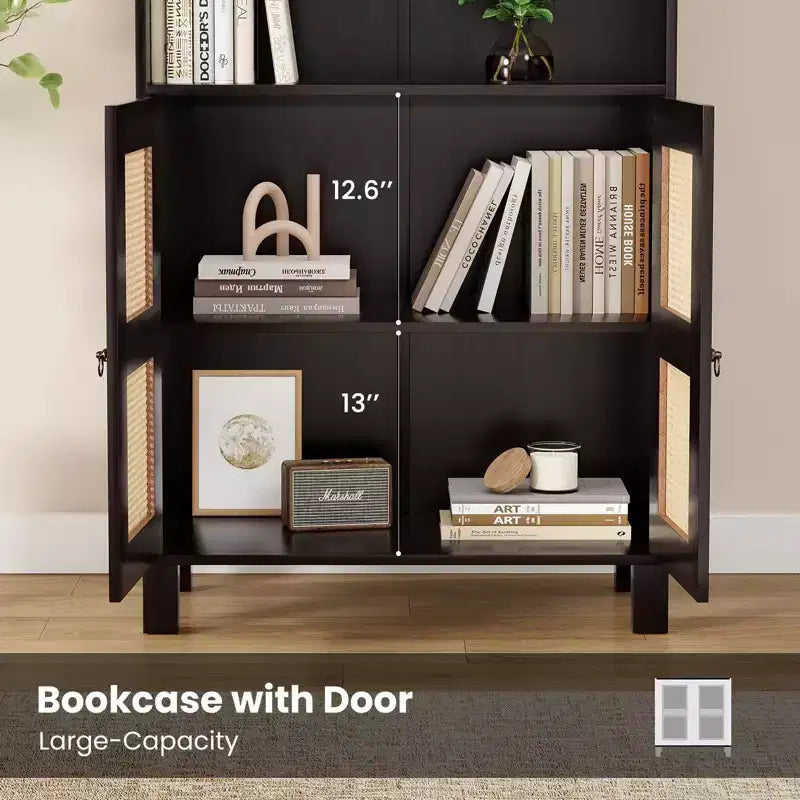 TUYOHW Tall Bookcase with Rattan Doors,5-Shelf Freestanding Storage Cabinet,Bookshelf for Living Room,Bedroom,Home Office