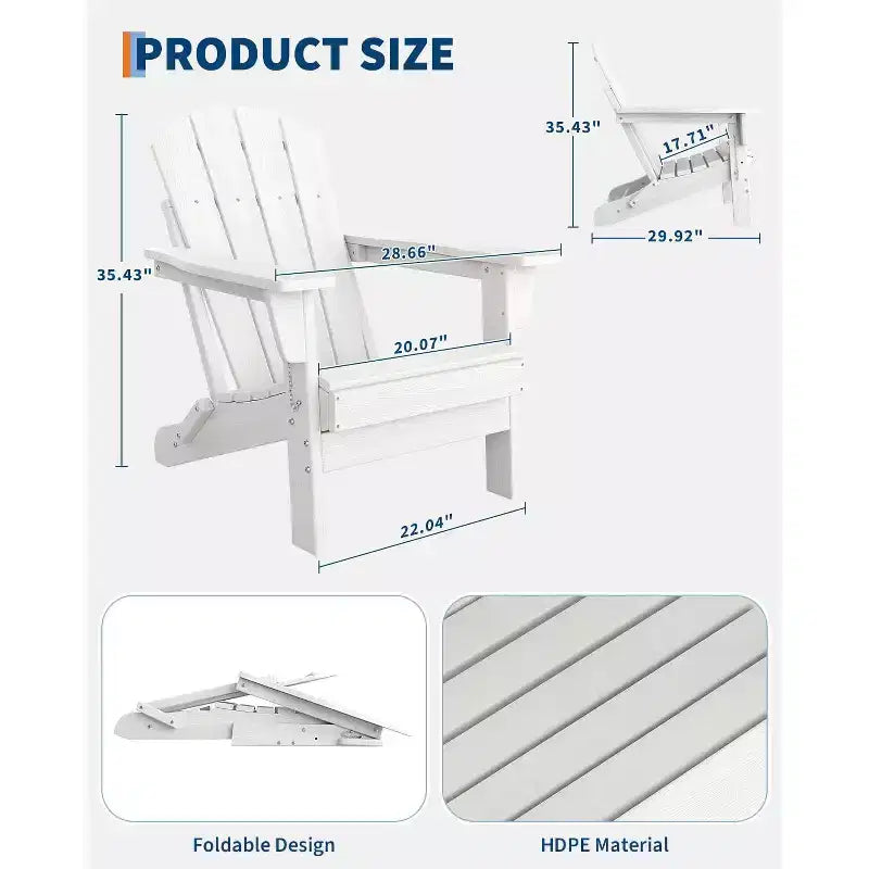 Folding Adirondack Chairs Set of 4 with 2 Side Tables, Modern Outdoor HDPE Chairs for Patio, Deck Balcony Backyard Lawn