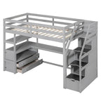 Twin Size Loft Bed with Desk and Shelves, Two Built-in Drawers, Storage Staircase