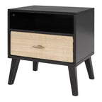 Queen Size Solid Wood Bed Frame with 2 Nightstands, Elegant Rattan and Wood Combination Platform Bed with Lamps - ModernLuxe