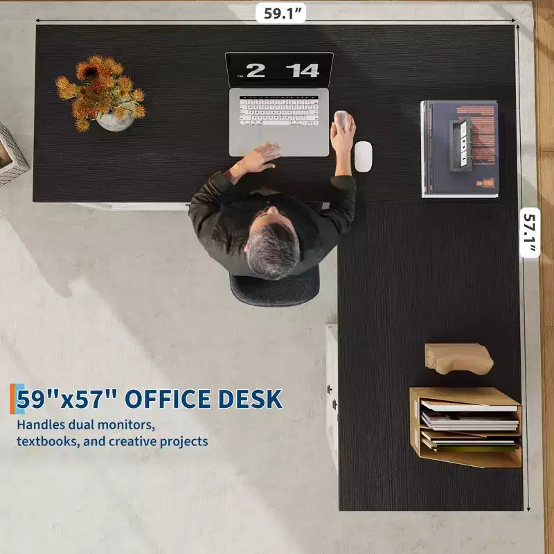 60 Farmhouse L-Shaped Executive Desk  Corner Home Office Desk with File Drawer, Storage Cabinet & Adjustable Shelf