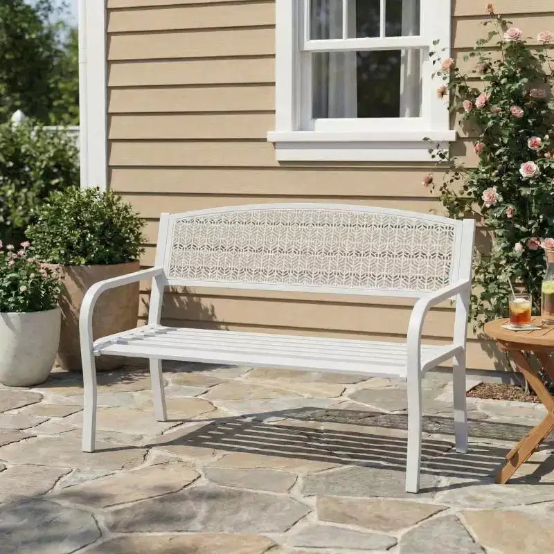 2 Person Metal Outdoor Bench for Garden, Steel Benches Furniture with Geometric Backrest for Patio, Garden & Porch