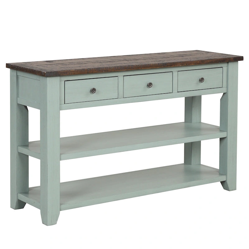 Modern Solid Pine Wood Top Console Table with 3 Drawers and 2 Shelves