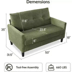 Dyonery 50 Loveseat Sofa, 2-Seater Love Seat for Office & Small Spaces, 24 Deep Seat, FSC Solid Wood Frame, Tool-Free Assembly