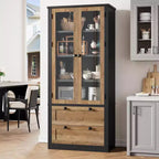 Farmhouse Kitchen Pantry Cabinet with Glass Doors, 72in Storage Cupboard with Drawers and Adjustable Shelves for Dining Room Bathroom Living Room