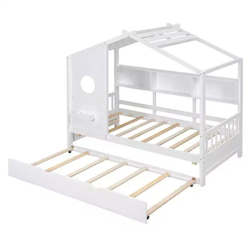 Twin Size House Bed with Trundle and Storage Shelf for Kids, White