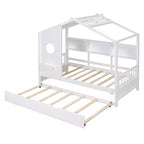 Twin Size House Bed with Trundle and Storage Shelf for Kids, White