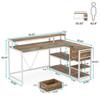 L Shaped Desk with Drawer, Home Office Corner Desk with Storage Shelves and Monitor Stand, Rustic PC Desk for Small Space
