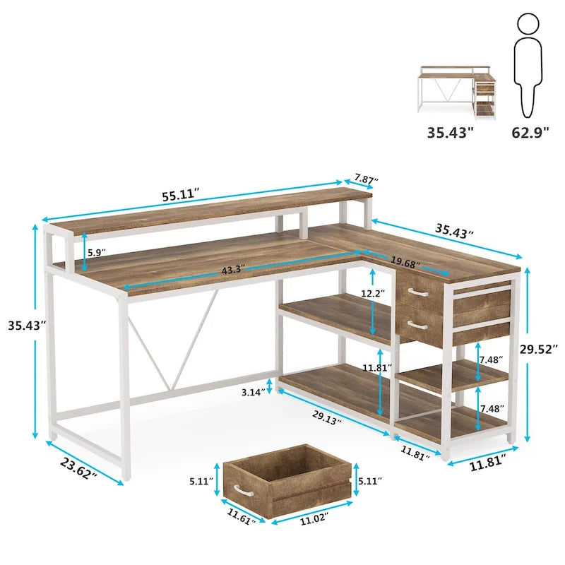 L Shaped Desk with Drawer, Home Office Corner Desk with Storage Shelves and Monitor Stand, Rustic PC Desk for Small Space