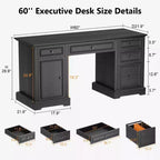 60 Farmhouse Executive Desk for Home Office - Wooden Writing Desk with Drawers, Cabinet Storage, Rustic Home Office Desk for Work Study