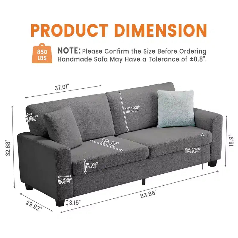 83W Modern 3-Seater Sofa with Deep Seat, Soft Fabric, Wide Armrest, Removable Washable Cushion Cover