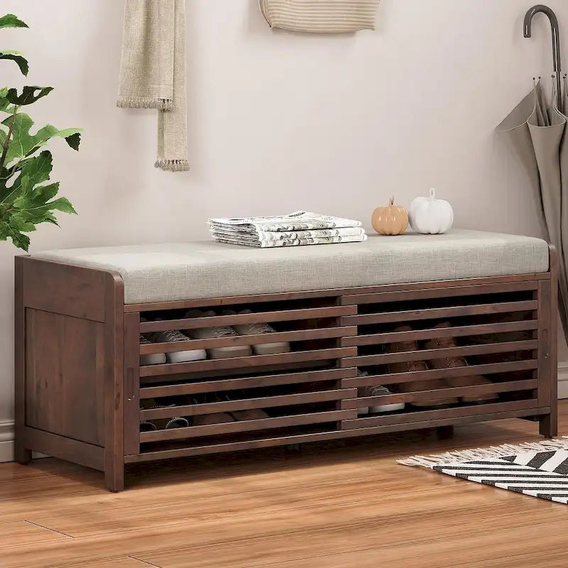 43.30 Solid Wood Storage Bench with Contemporary Distressed Blinds