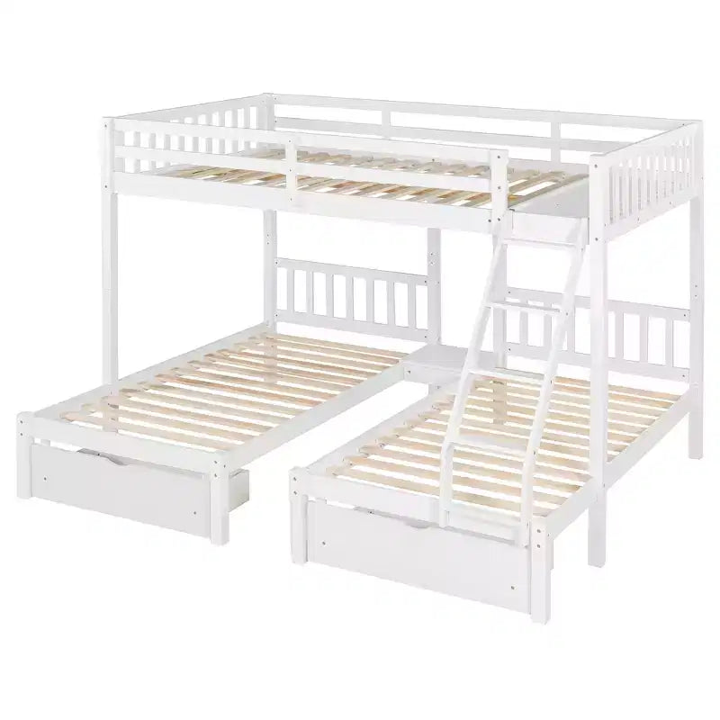 Full Over Twin & Twin Bunk Bed for 3, Wooden Triple Bunk Bed with 2 Storage Drawers, can be Divided into 3 Separate Beds