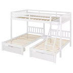 Full Over Twin & Twin Bunk Bed for 3, Wooden Triple Bunk Bed with 2 Storage Drawers, can be Divided into 3 Separate Beds