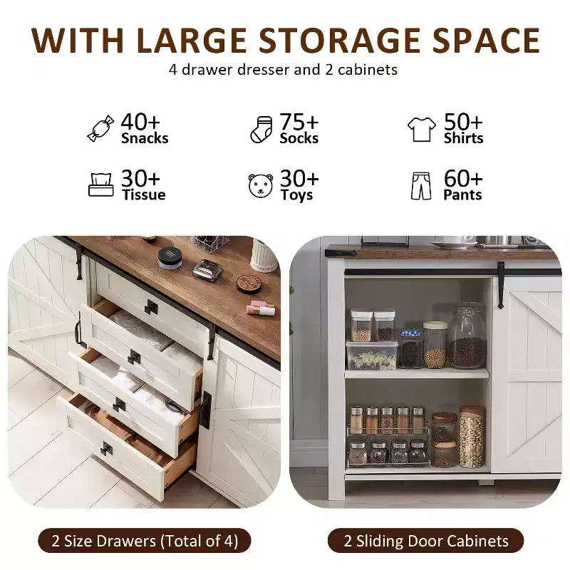 SinCiDo Farmhouse 60Dressing Table with Sliding Barn Door and 4 Drawers,Drawer Cabinet Living Room,Bedroom,Coffee Bar