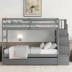 Twin over Twin Bunk Beds With Twin Trundle and Stairway Storage Function in Grey Color