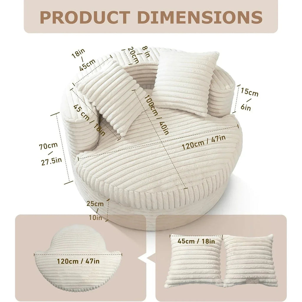 WOWMAX 47 Round Chaise Lounge Chair Indoor, Upholstered Corduroy Floor Sofa Oversized Sleeper Chair with 2 Throw Pillows