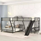 Metal Twin over Full Bunk Bed, L Shaped Bunk Bed for 3 Kids, Heavy-Duty Triple Bunk Bed with Desk and Slide, Black