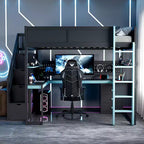 GDFStudio Scott Wooden Gaming Loft Bed with Storage Stairs, Desk, Shelves & Pegboard