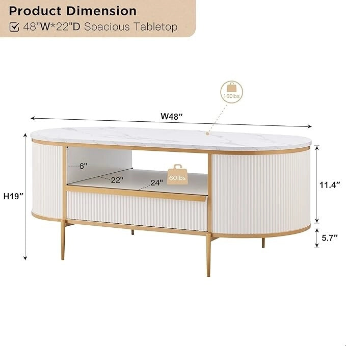 Modern Luxury Fluted Coffee Table, Center Table with Faux Marble Top