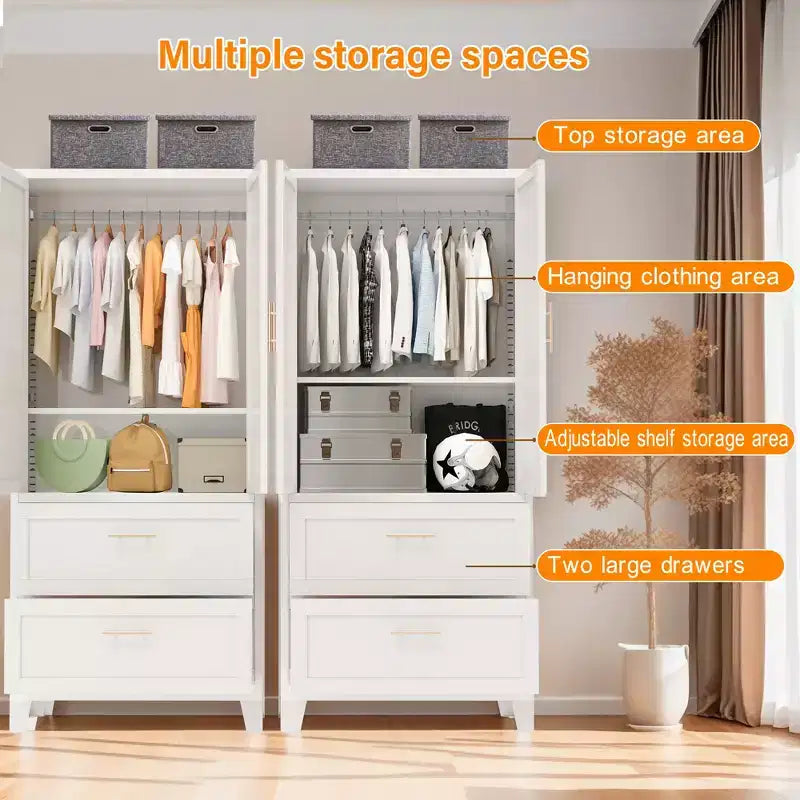 JVNOXK 71 inchTall Metal Wardrobe Cabinet with 2 Drawers and Hanging Rod, 2 Doors Wardrobe Closet with Shelf for Bedroom, White