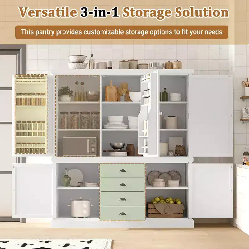 Whisen 73 Freestanding Wooden Kitchen Pantry Cabinet with Drawers and Adjustable Shelves for Storage and Organization in Dining Room or Kitchen