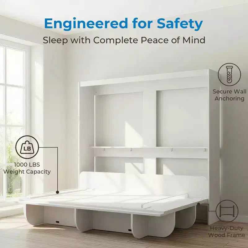 2-in-1 Invisible Murphy Bed with Shelf Storage, Queen Size, Natural Wood (Mattress Not Included)