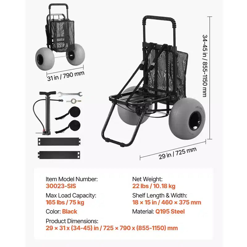 VEVOR Beach Dolly with Big Wheels for Sand, 18 x 15 Cargo Deck, Folding Sand Cart with 12 Balloon Wheels, 165 lbs Loading Capacity, Black