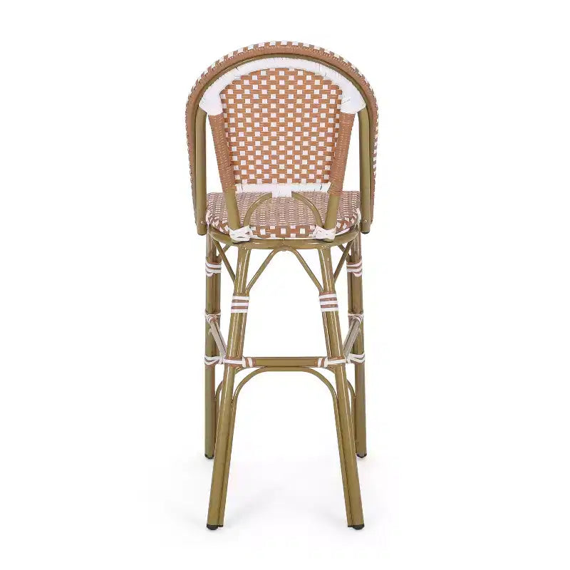 sumyeg 29.5 Outdoor French Bistro Bar Stools Set of 2, PE Rattan Wicker with Aluminum Frame, Bamboo Look Finish, Rust Red & White