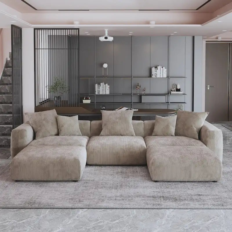 141.73 Modular Sectional Sofa, Corduroy U Shaped Sofa Couch with Ottomans