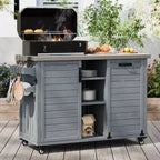 Outdoor Kitchen Island with Foldable Side Table,Outdoor Grill Cart with Stainless Steel Top,Hidden Trash Cabinet for Lawn & Garden
