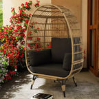 Egg Chair, Wicker Egg Chair with Plush Cushion, Steel Frame and Metal Base, Lounge Chair for Indoor & Outdoor Patio, Living Room, and Backyard
