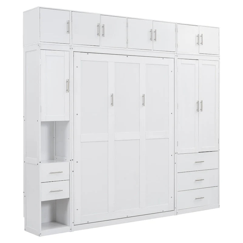 White Full Size Modern Murphy Bed with Drawers, Lockers, and Wardrobes