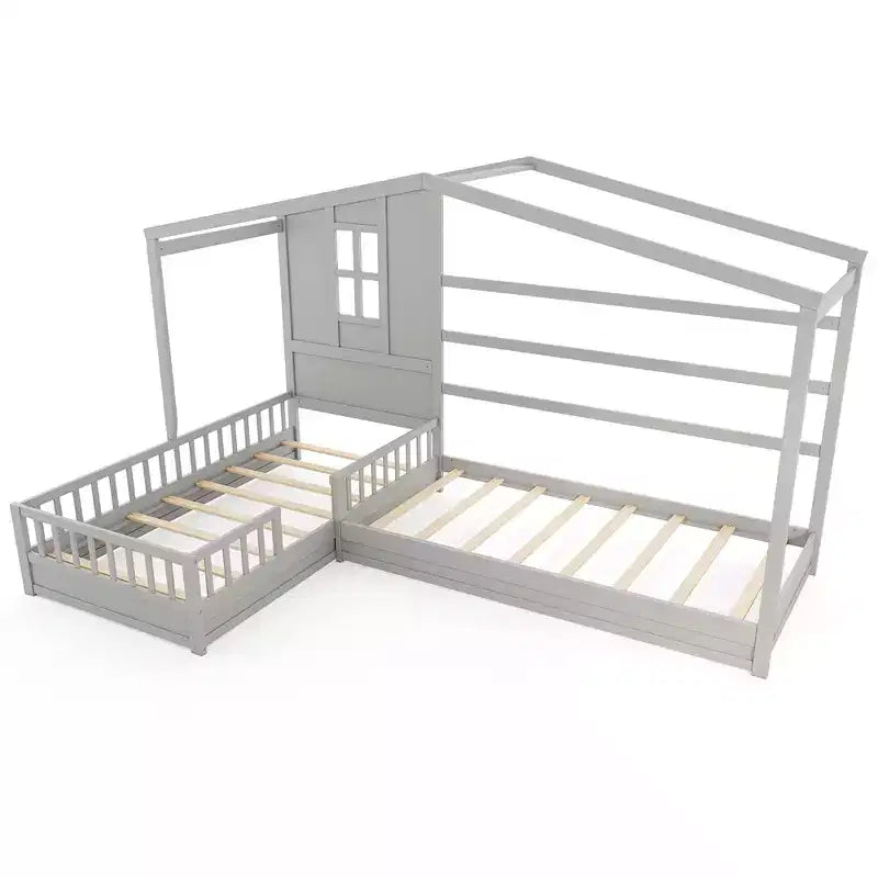 L-Shaped Double Twin Beds House Platform Beds with Window & Fences ¡ª Gray/White