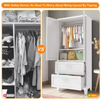 JVNOXK 71 inchTall Metal Wardrobe Cabinet with 2 Drawers and Hanging Rod, 2 Doors Wardrobe Closet with Shelf for Bedroom, White