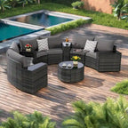 11-Piece Outdoor Half-Round Modular Sectional Sofa Set with Tempered Glass Coffee Table and 4 Side Table
