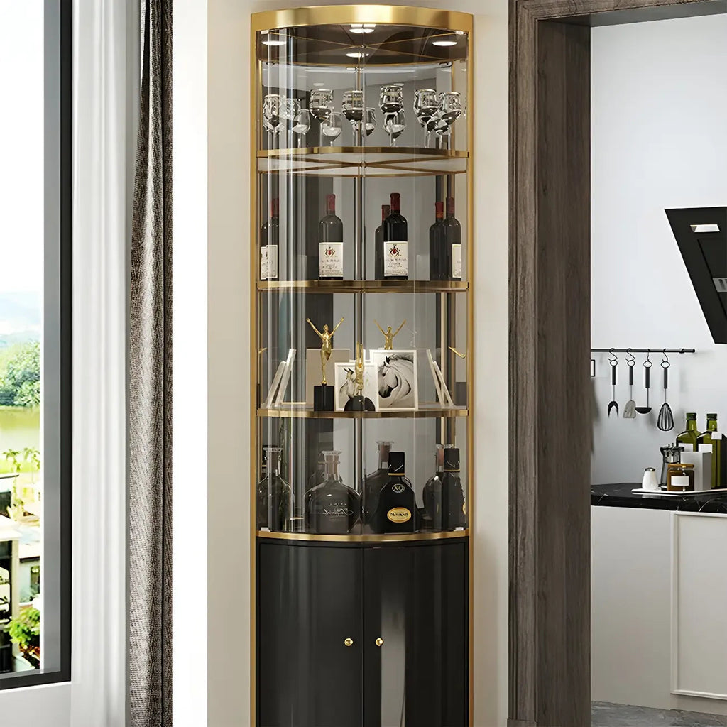 Glam Glossy Glass Gold Metal Rounded Display Corner Cabinet