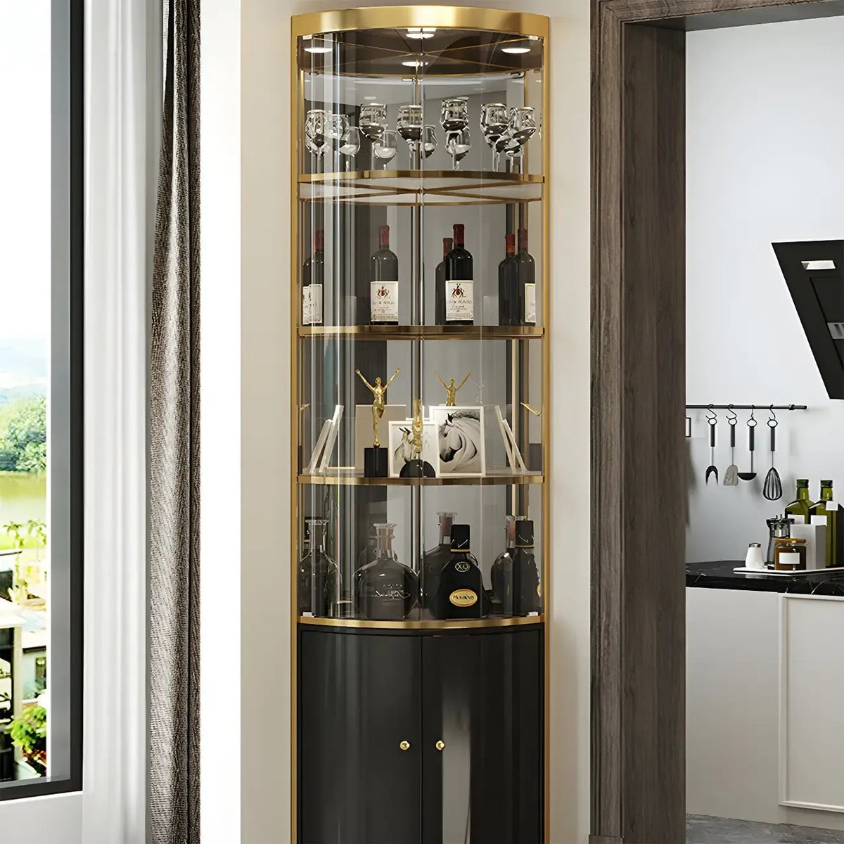 Glam Glossy Glass Gold Metal Rounded Display Corner Cabinet